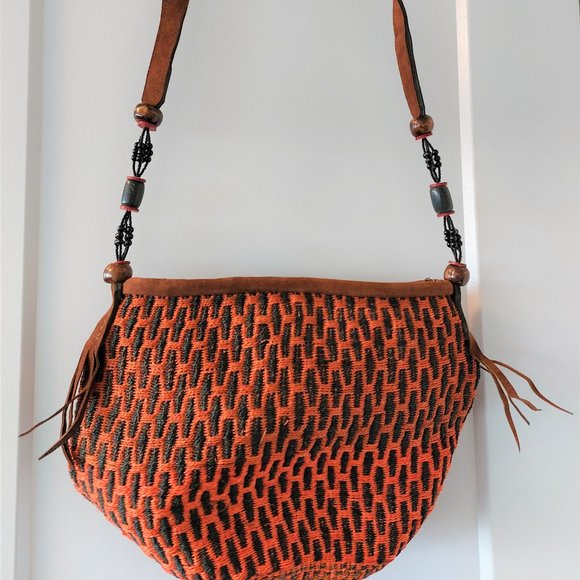 Woven Sisal Straw Beaded Shoulder Bag - Orange/Black/Brown - Picture 7 of 8
